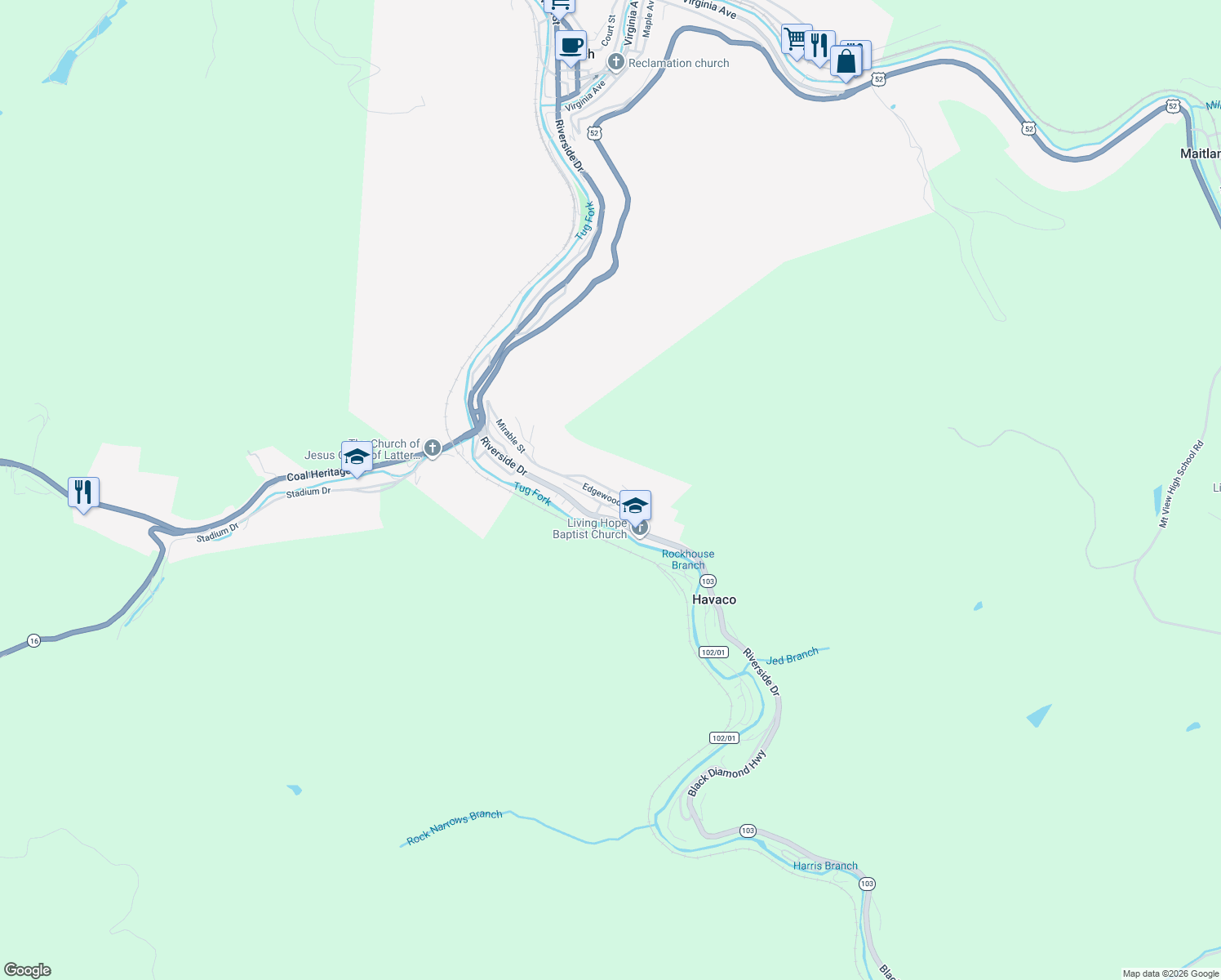 map of restaurants, bars, coffee shops, grocery stores, and more near 98 Cornell Ave in Welch
