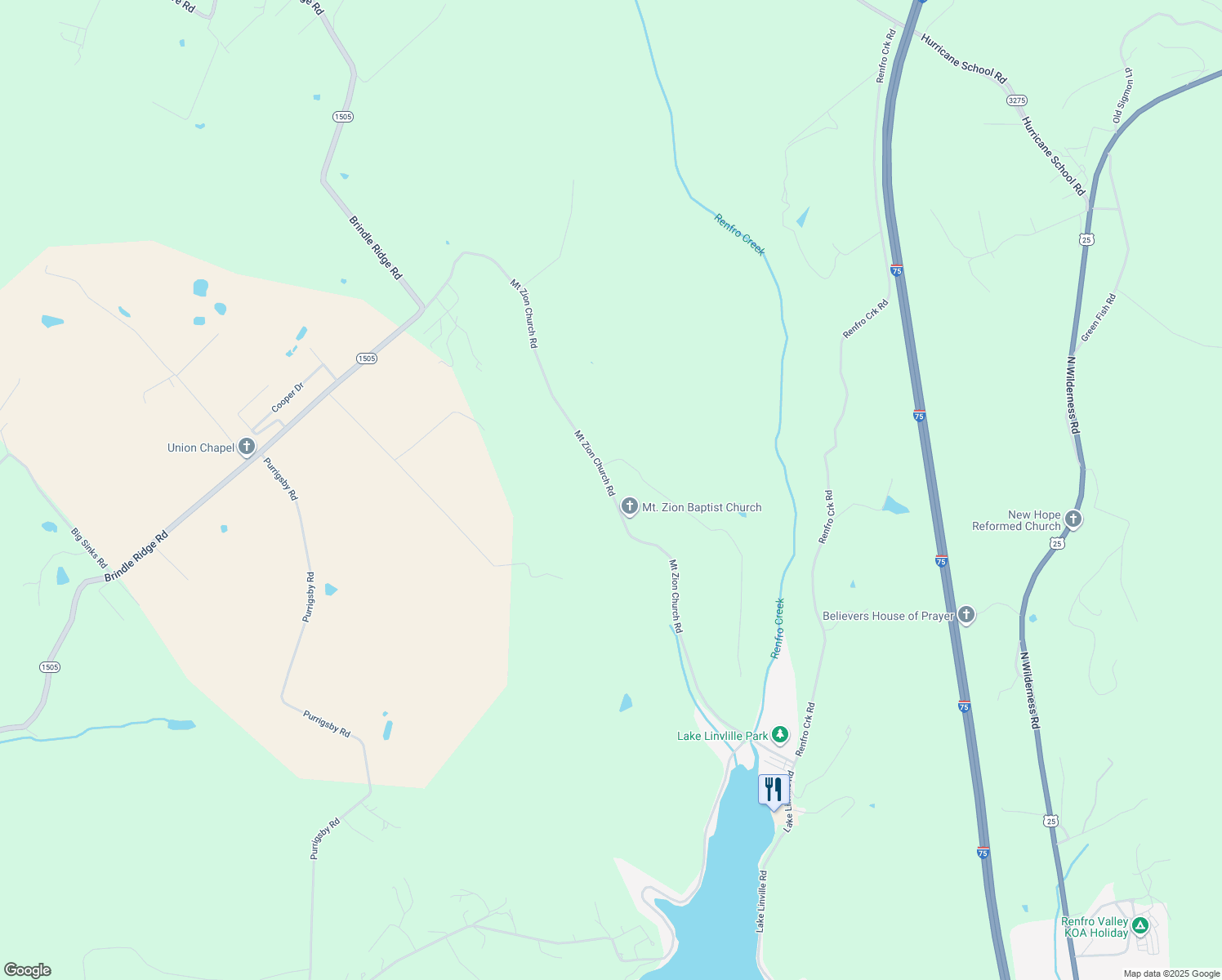 map of restaurants, bars, coffee shops, grocery stores, and more near Mount Zion Church Road in Brodhead
