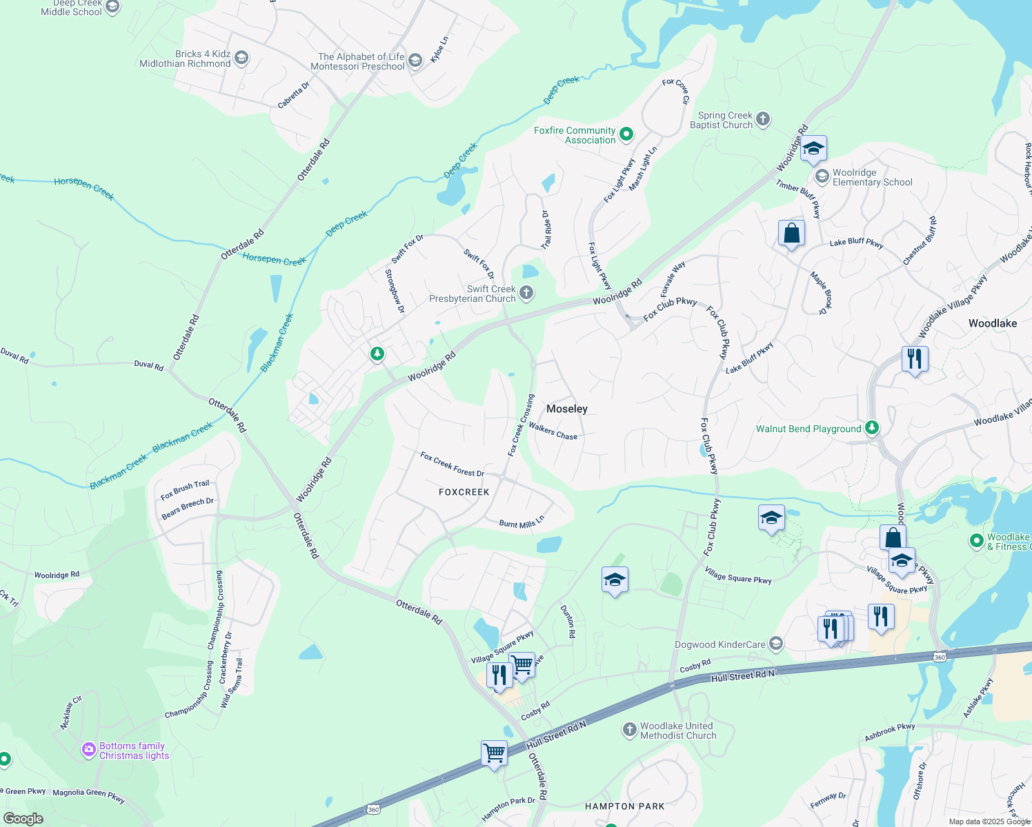 map of restaurants, bars, coffee shops, grocery stores, and more near 6143 Friesian Terrace in Moseley