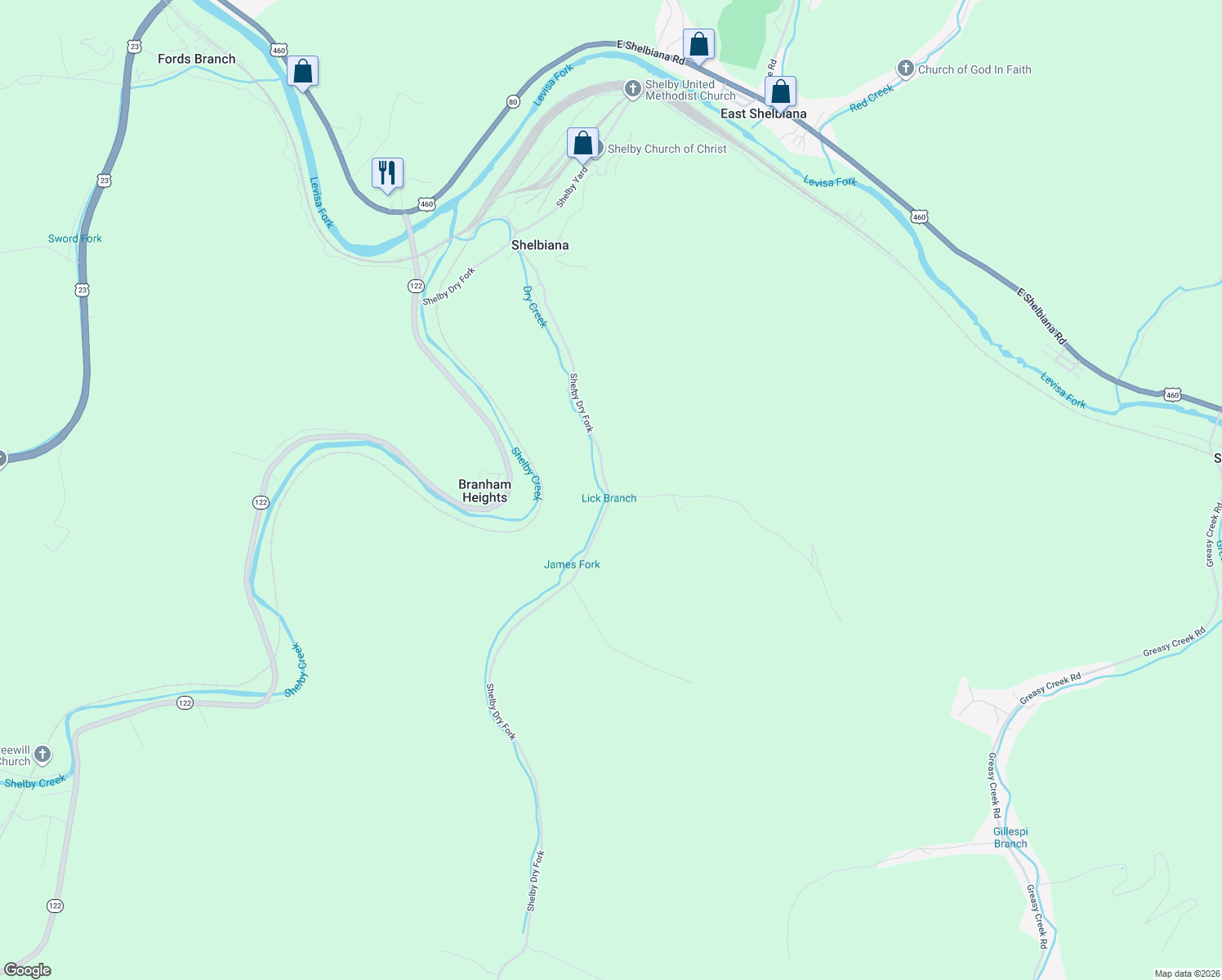 map of restaurants, bars, coffee shops, grocery stores, and more near 812 Shelby Dry Fork in Shelbiana
