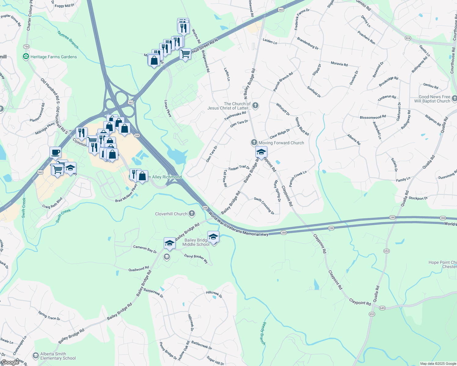 map of restaurants, bars, coffee shops, grocery stores, and more near 12024 Old Bailey Bridge Road in Midlothian