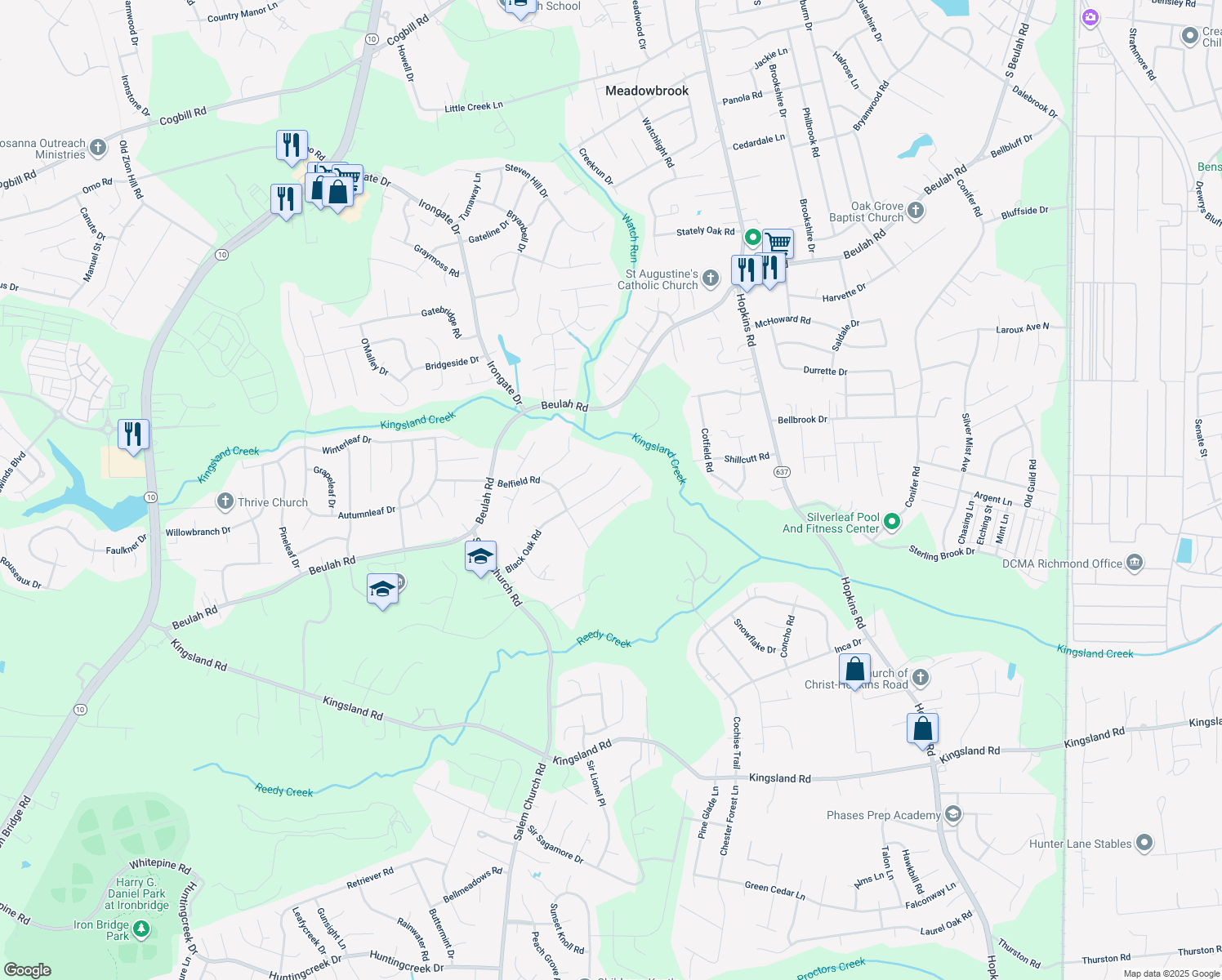 map of restaurants, bars, coffee shops, grocery stores, and more near 4625 Black Oak Road in Richmond