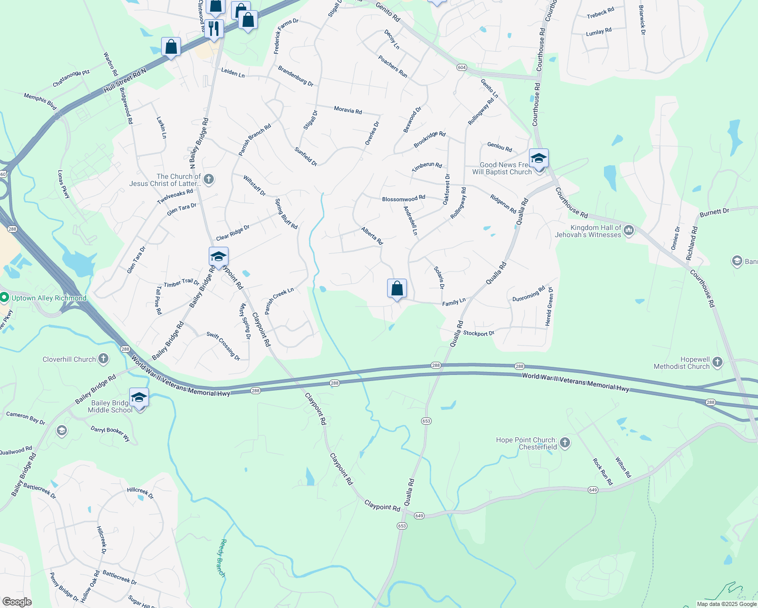 map of restaurants, bars, coffee shops, grocery stores, and more near 10116 Family Ln in Chesterfield