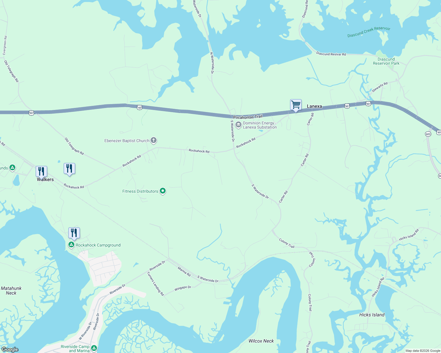 map of restaurants, bars, coffee shops, grocery stores, and more near 14821 Rockahock Road in Lanexa
