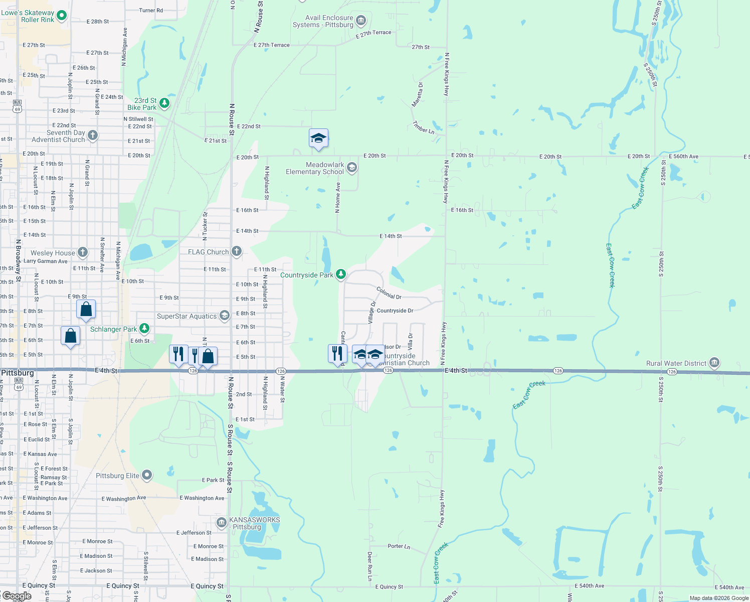 map of restaurants, bars, coffee shops, grocery stores, and more near 1808 Cambridge Ln in Pittsburg