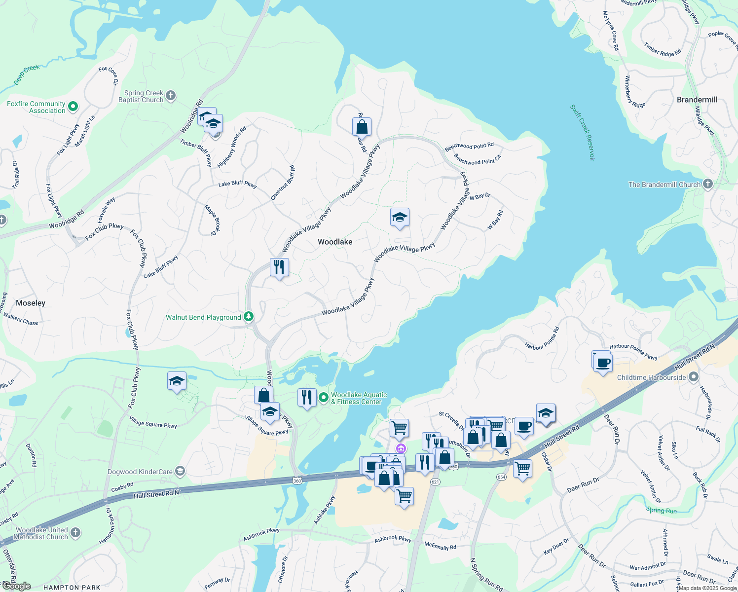 map of restaurants, bars, coffee shops, grocery stores, and more near 5900 Country Walk Road in Midlothian