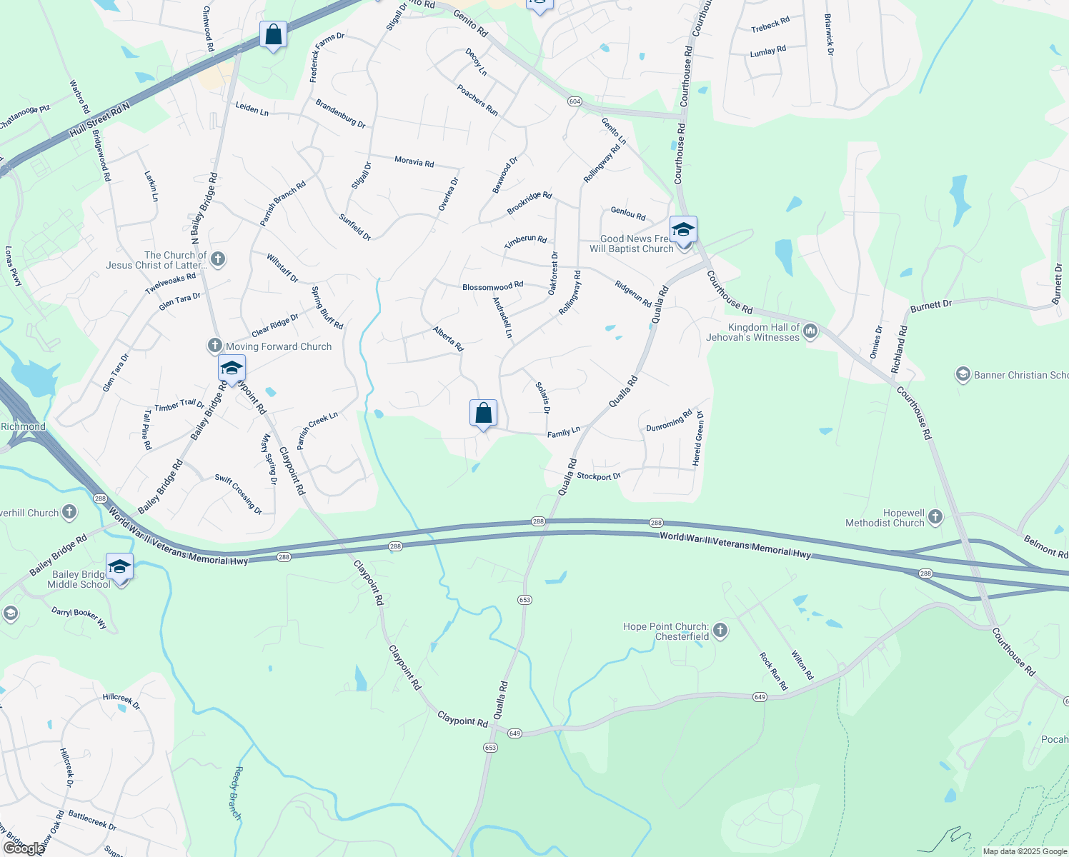 map of restaurants, bars, coffee shops, grocery stores, and more near 9906 Family Lane in Chesterfield