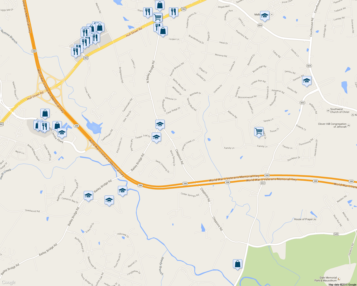 map of restaurants, bars, coffee shops, grocery stores, and more near 5007 Parrish Creek Place in Chesterfield