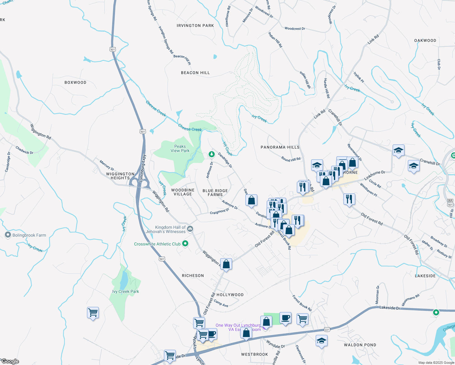 map of restaurants, bars, coffee shops, grocery stores, and more near 1101 Ashley Dr in Lynchburg