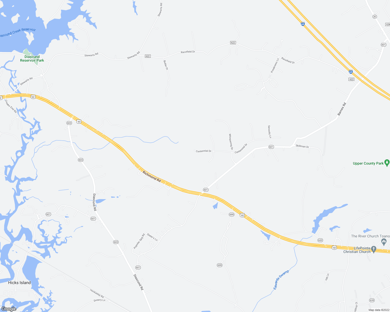 map of restaurants, bars, coffee shops, grocery stores, and more near 1677 Centennial Drive in Toano