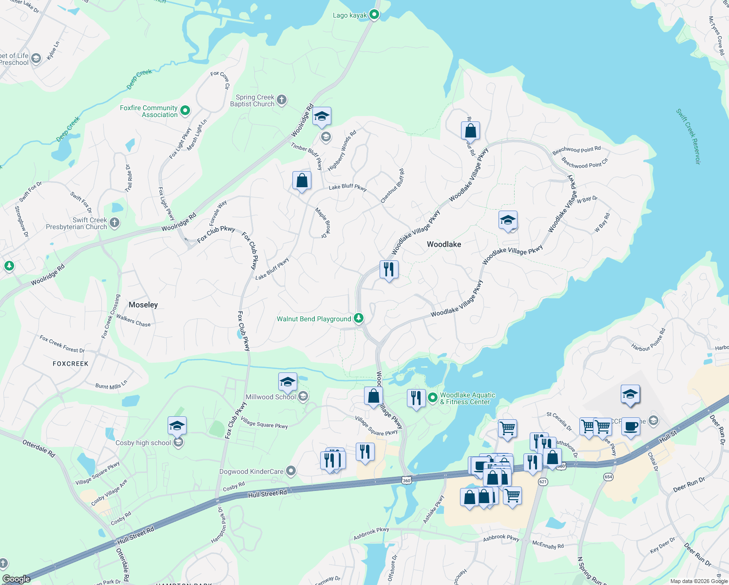 map of restaurants, bars, coffee shops, grocery stores, and more near 14821 Acorn Ridge Road in Midlothian