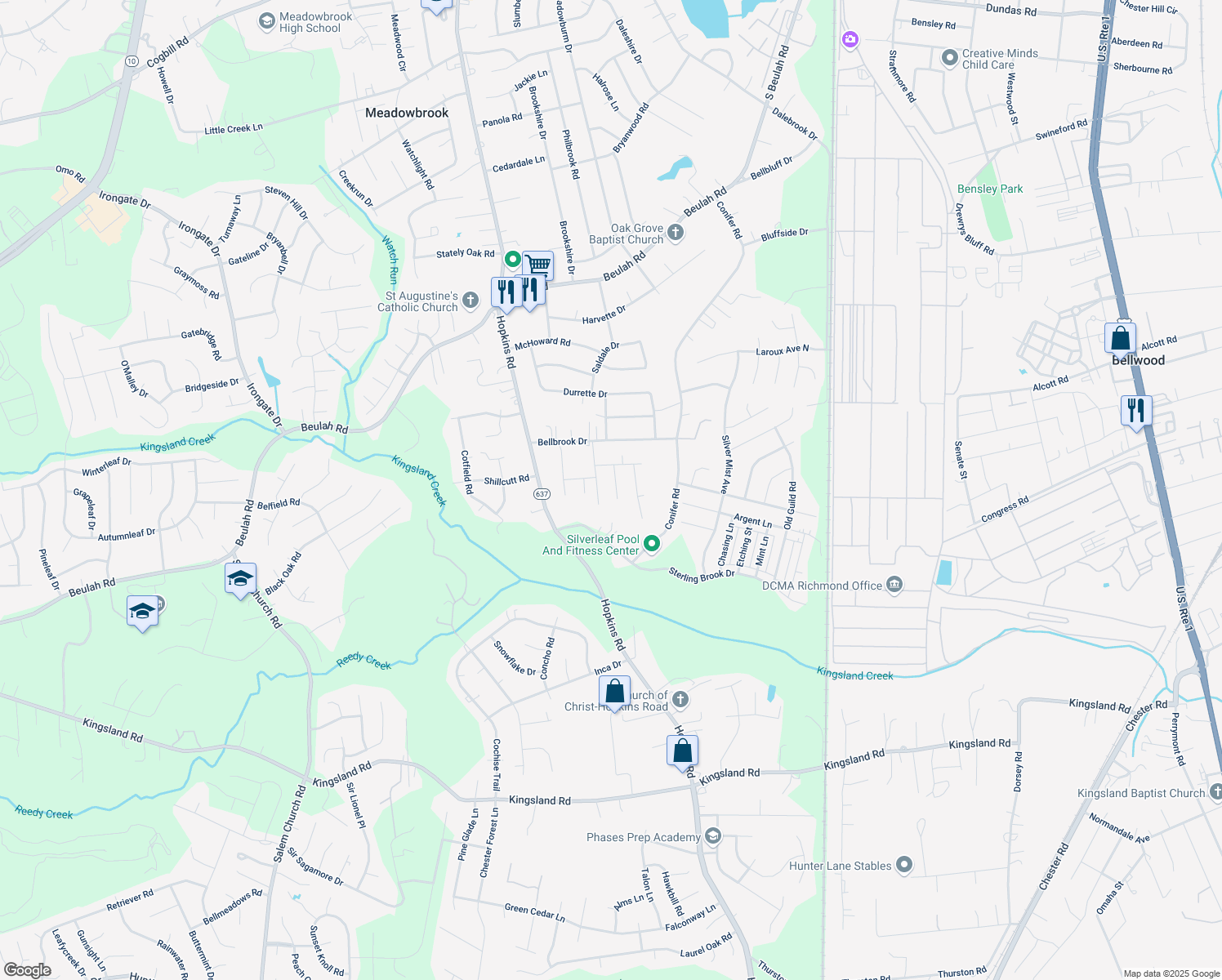 map of restaurants, bars, coffee shops, grocery stores, and more near 7624 Port Leon Road in Richmond