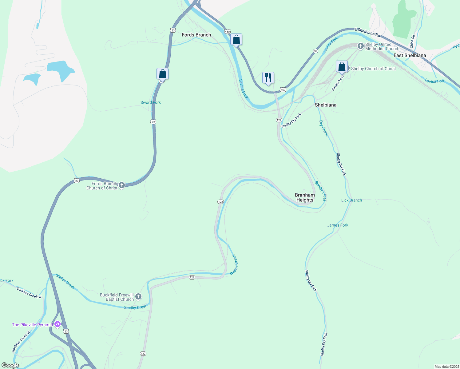 map of restaurants, bars, coffee shops, grocery stores, and more near 1668 Collins Highway in Pikeville