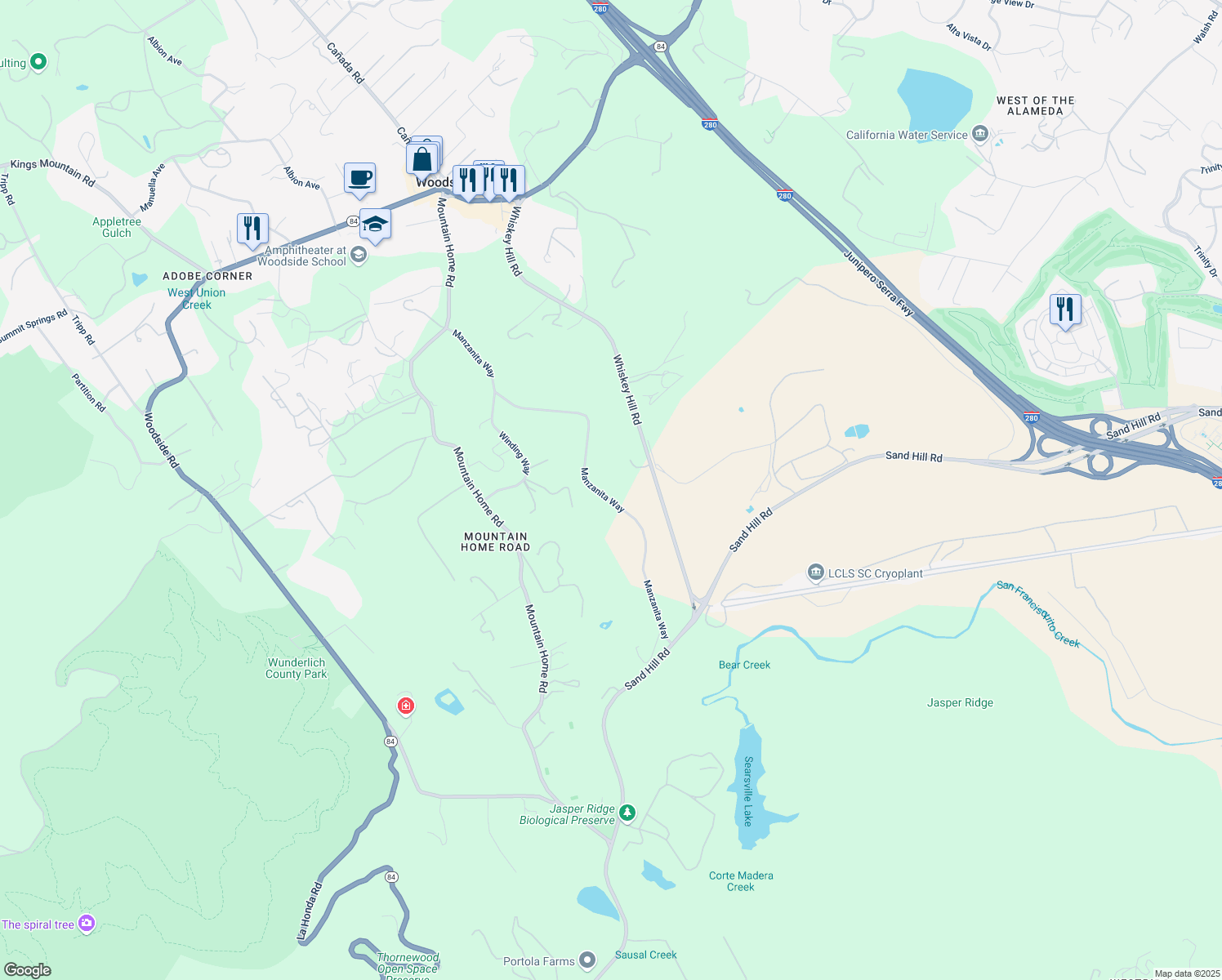 map of restaurants, bars, coffee shops, grocery stores, and more near 515 Manzanita Way in Woodside