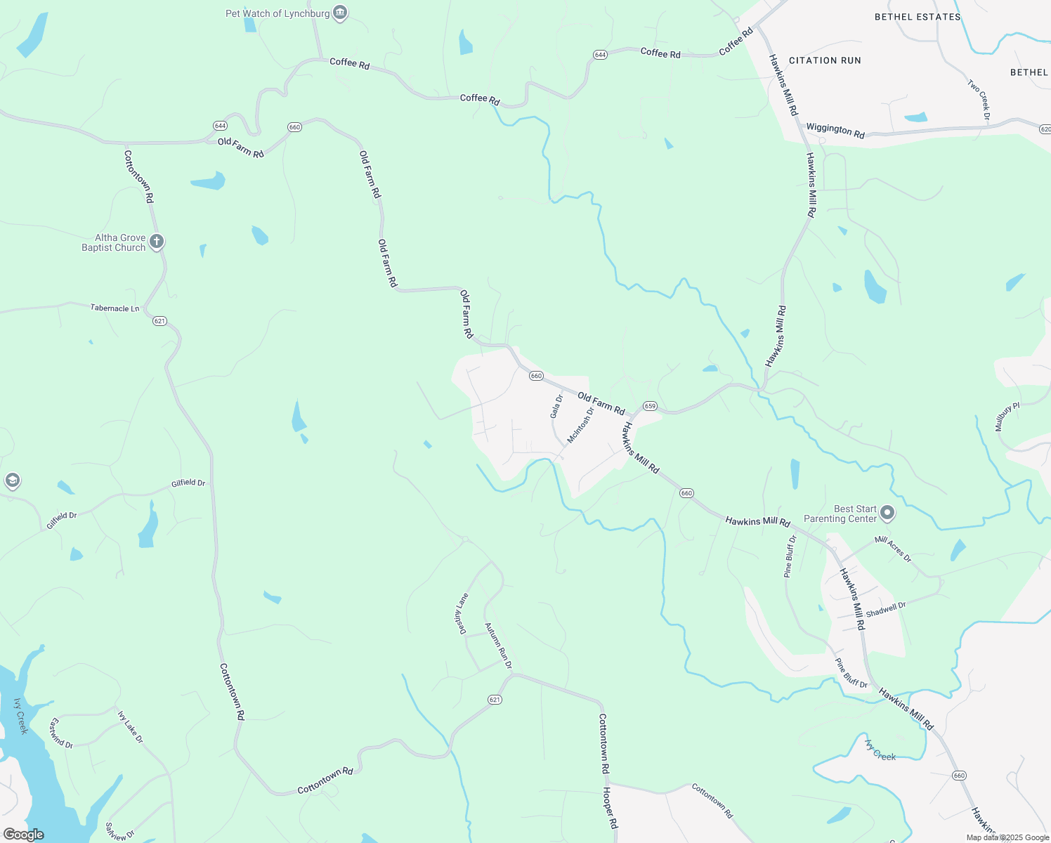 map of restaurants, bars, coffee shops, grocery stores, and more near 109 Gala Drive in Lynchburg