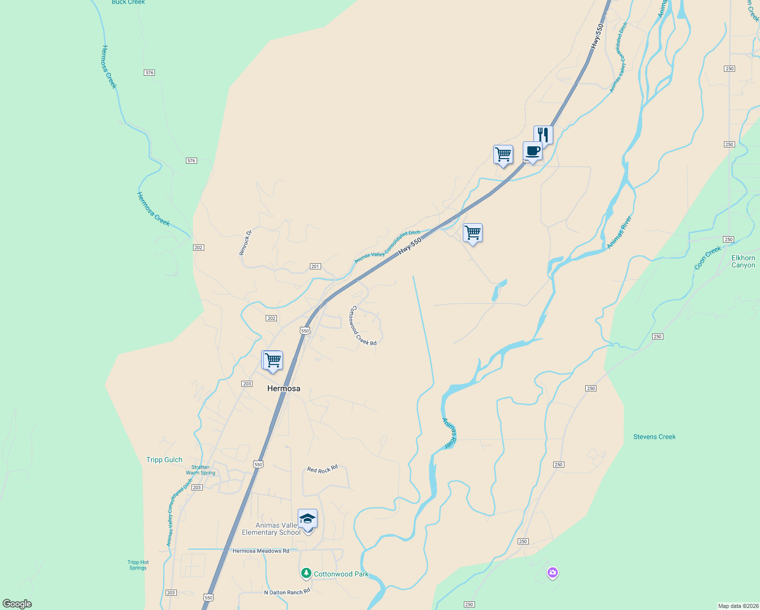 map of restaurants, bars, coffee shops, grocery stores, and more near 70 Fawn Lake Rd in Durango