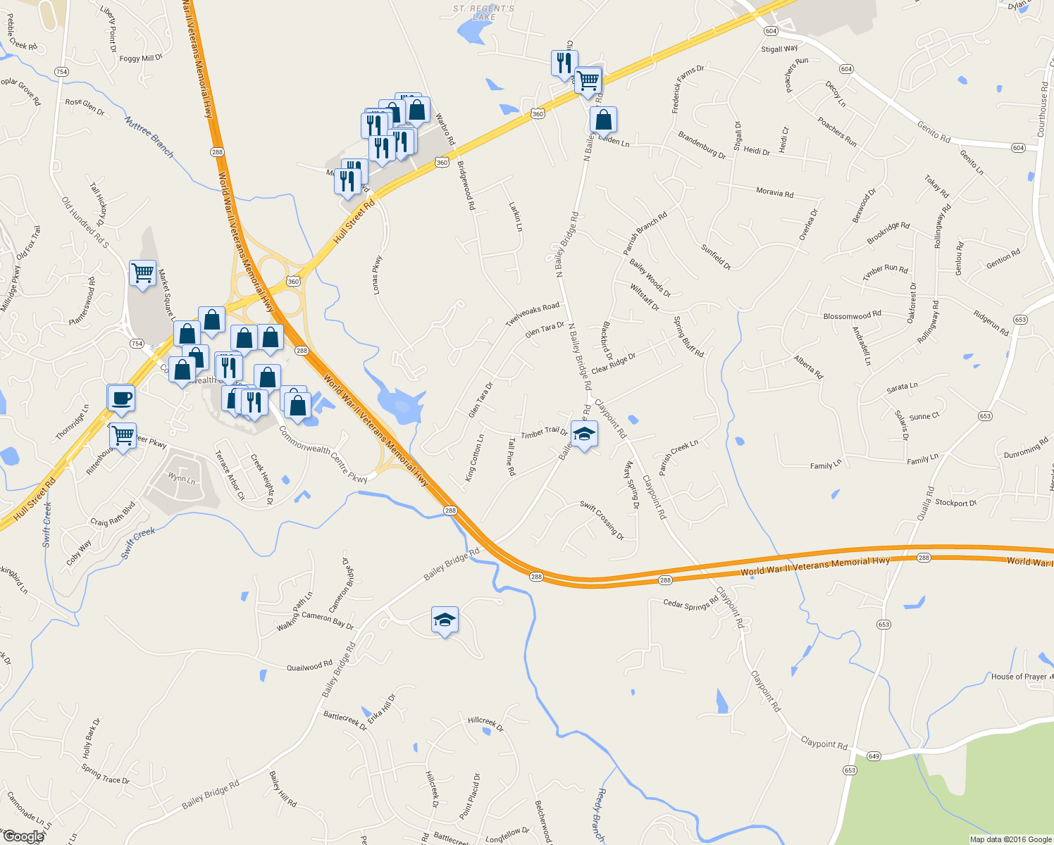 map of restaurants, bars, coffee shops, grocery stores, and more near 4901 Timbernorth Trail in Midlothian
