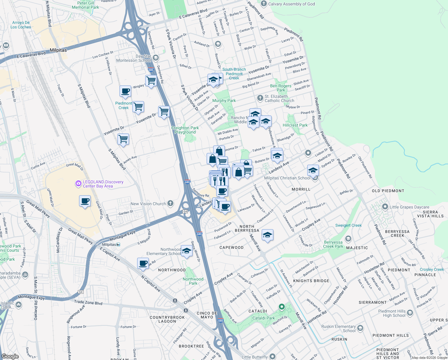 map of restaurants, bars, coffee shops, grocery stores, and more near 1333 South Park Victoria Drive in Milpitas