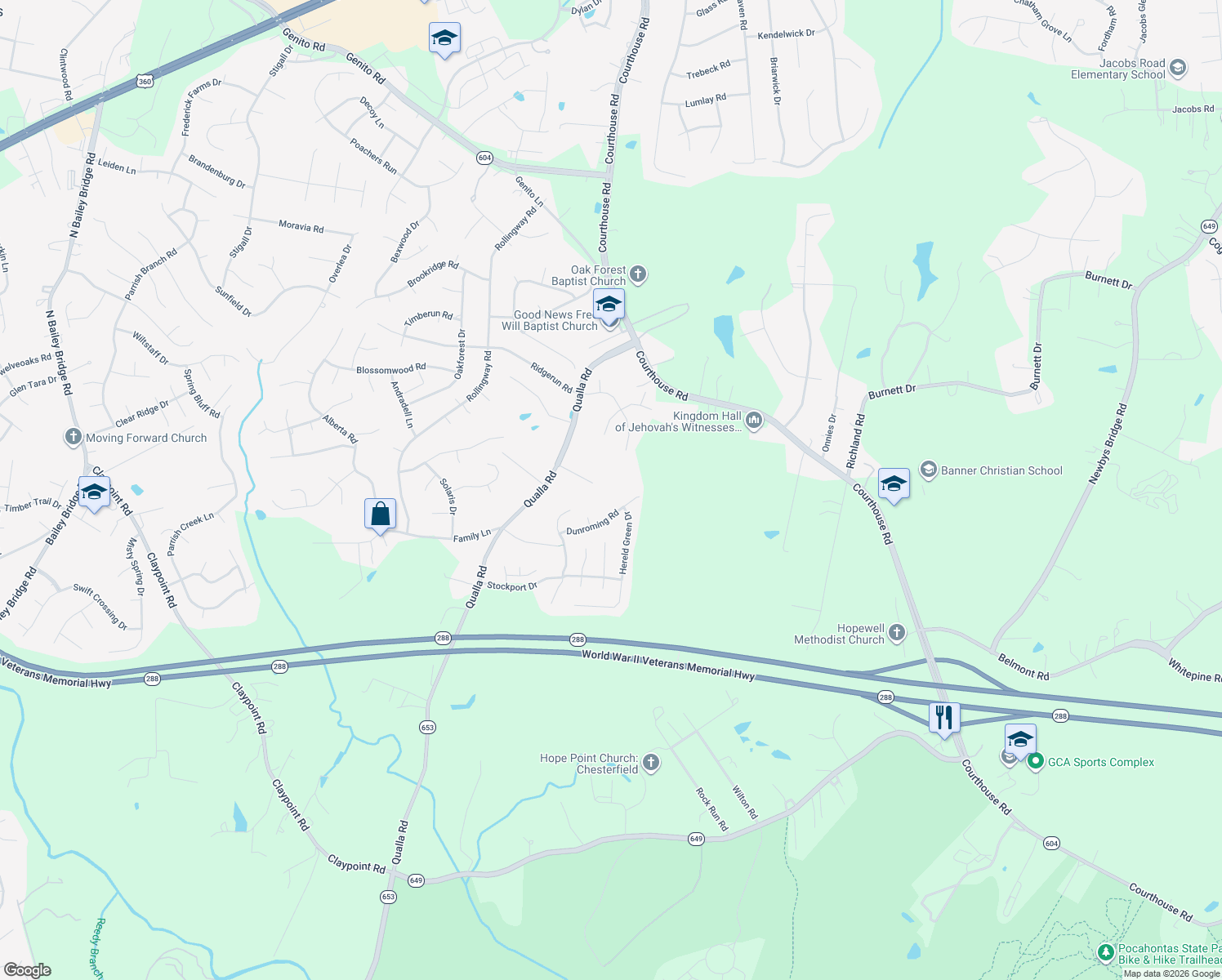 map of restaurants, bars, coffee shops, grocery stores, and more near 10000 Enderly Court in Chesterfield