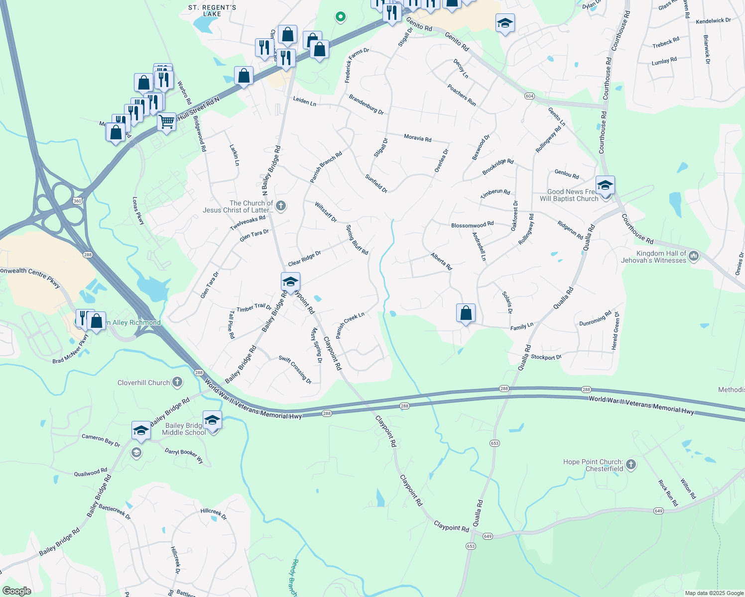 map of restaurants, bars, coffee shops, grocery stores, and more near 5224 Parrish Creek Drive in Midlothian