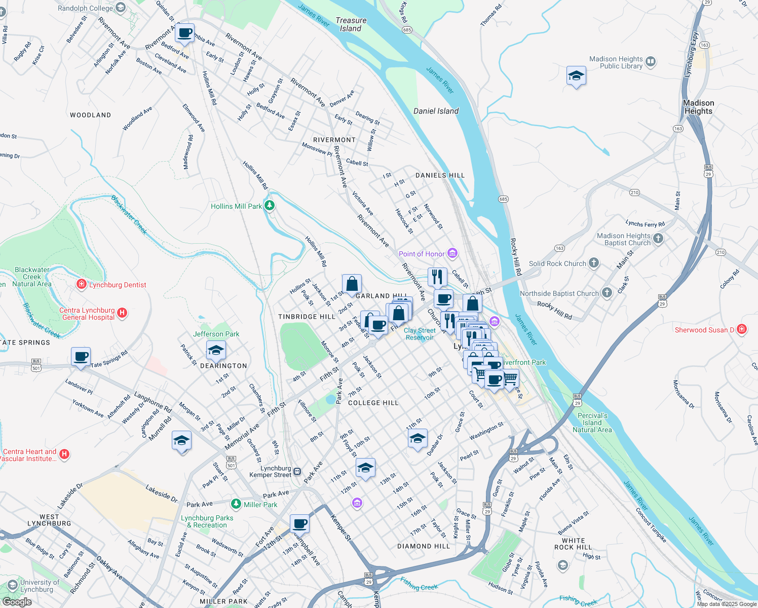 map of restaurants, bars, coffee shops, grocery stores, and more near 504 3rd Street in Lynchburg