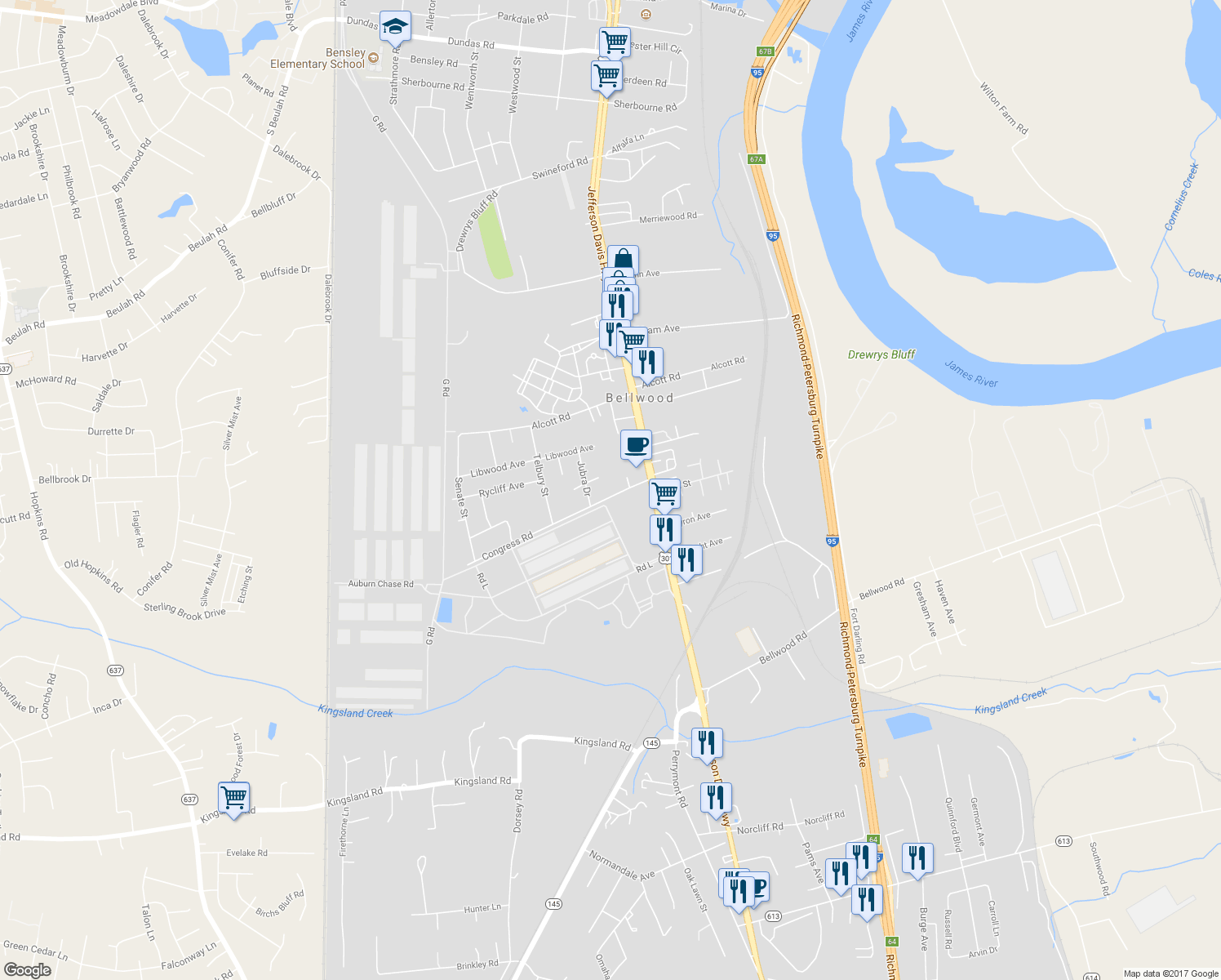 map of restaurants, bars, coffee shops, grocery stores, and more near 2720 Congress Road in Richmond