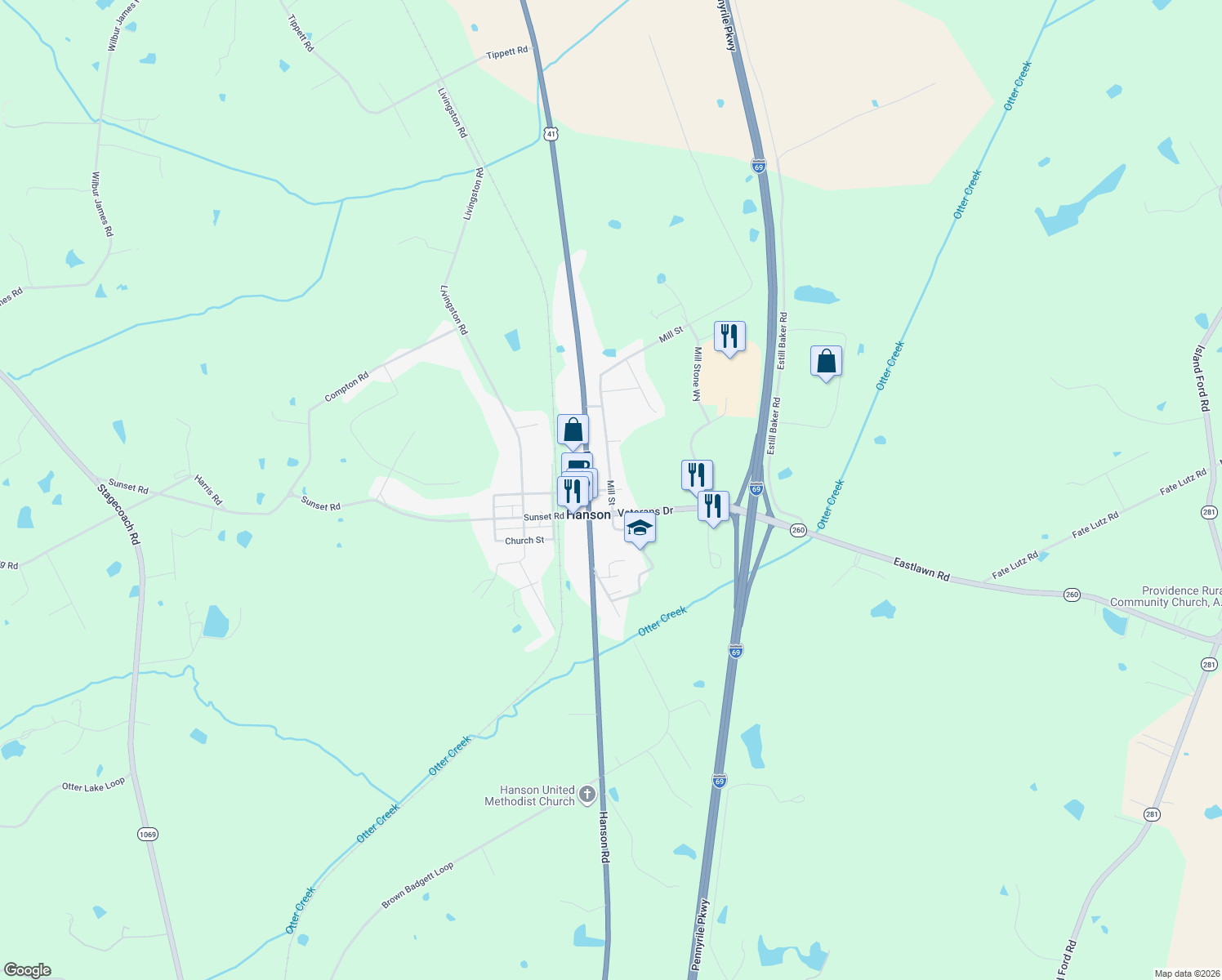 map of restaurants, bars, coffee shops, grocery stores, and more near 51 Mill Street in Hanson