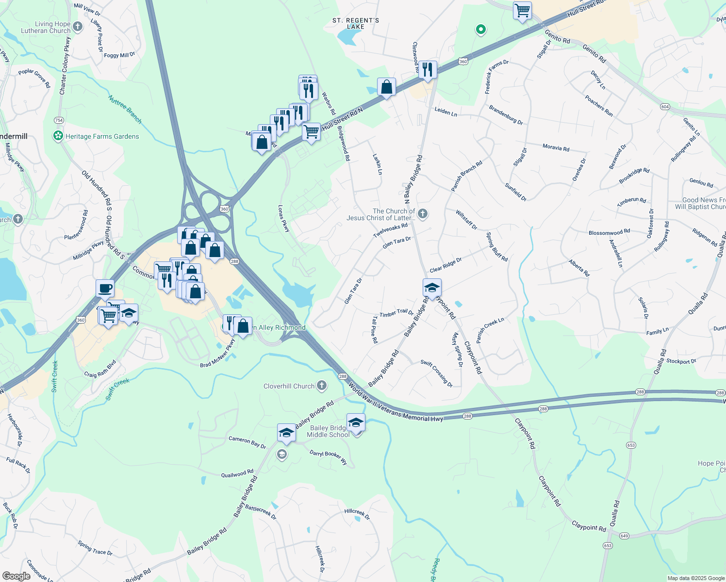 map of restaurants, bars, coffee shops, grocery stores, and more near 12206 Gable Way in Midlothian
