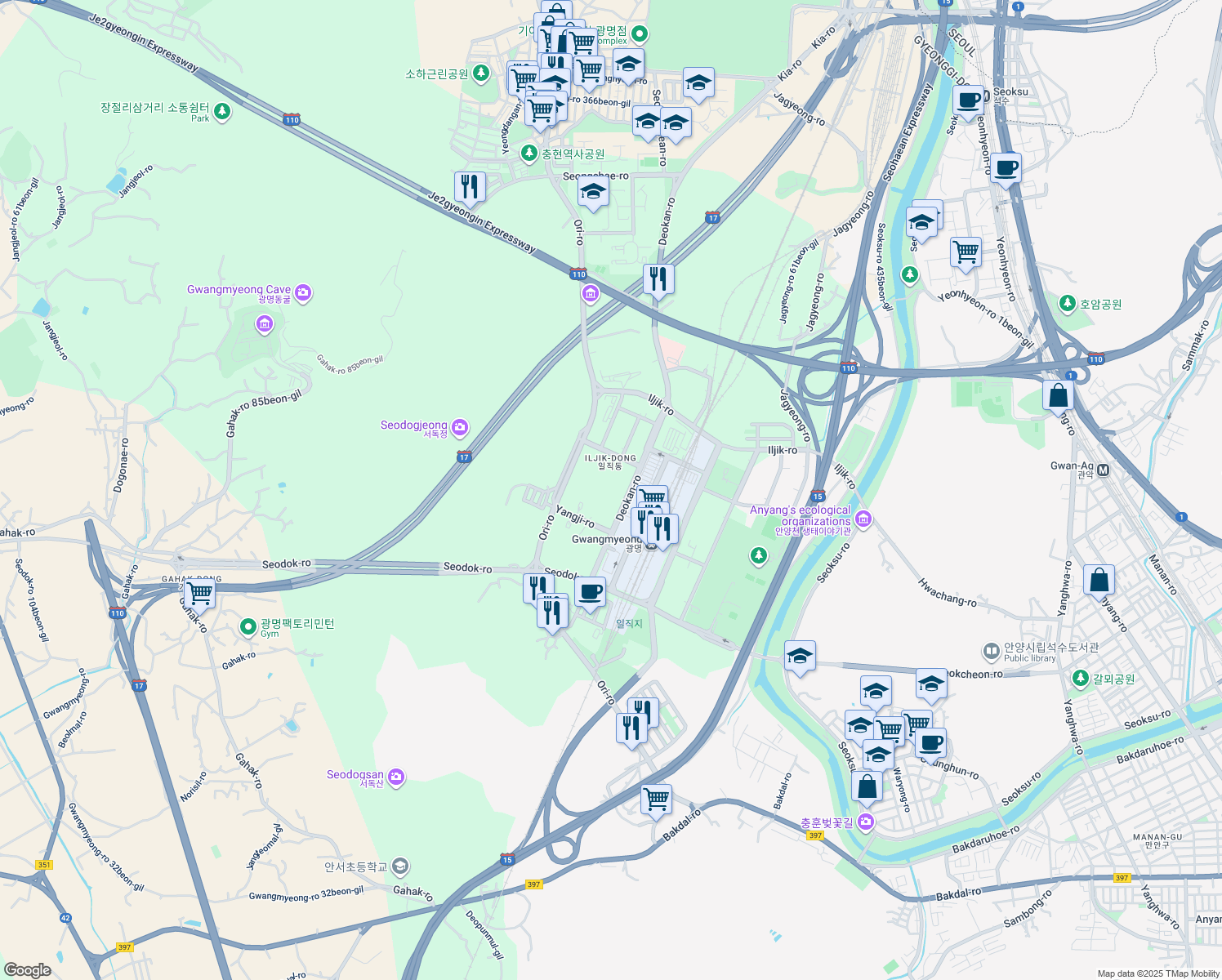 map of restaurants, bars, coffee shops, grocery stores, and more near in Gwangmyeong-si