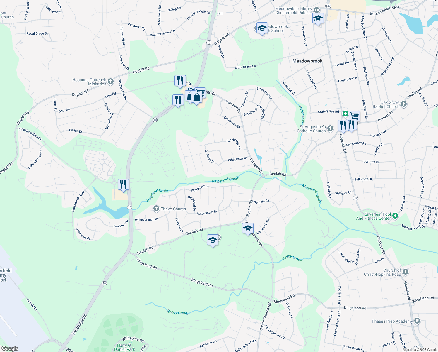 map of restaurants, bars, coffee shops, grocery stores, and more near 7133 O'Malley Drive in Richmond