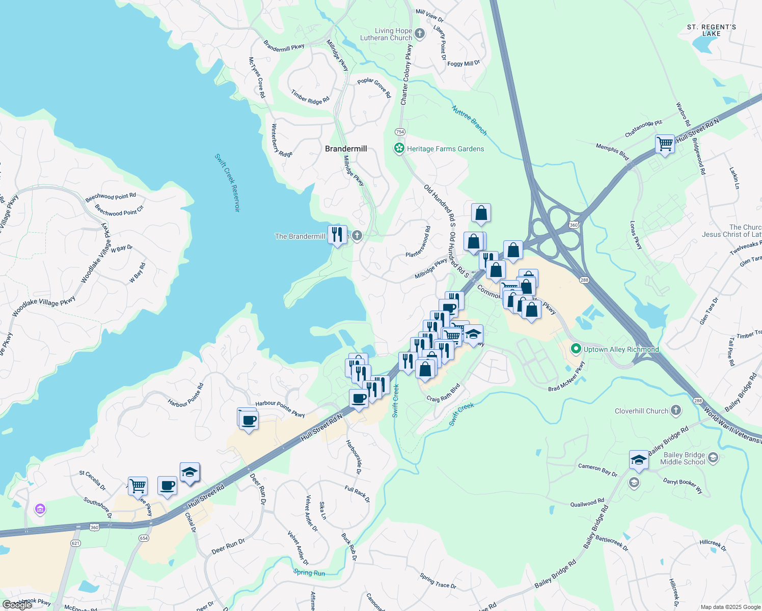 map of restaurants, bars, coffee shops, grocery stores, and more near 5010 Long Shadow Court in Midlothian