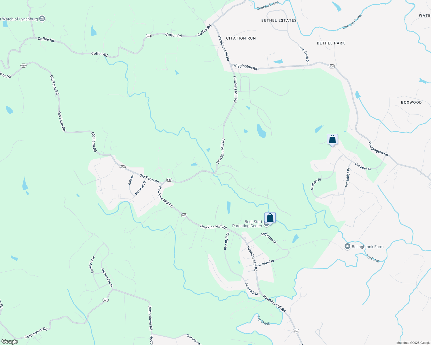 map of restaurants, bars, coffee shops, grocery stores, and more near 3750 Hawkins Mill Road in Lynchburg