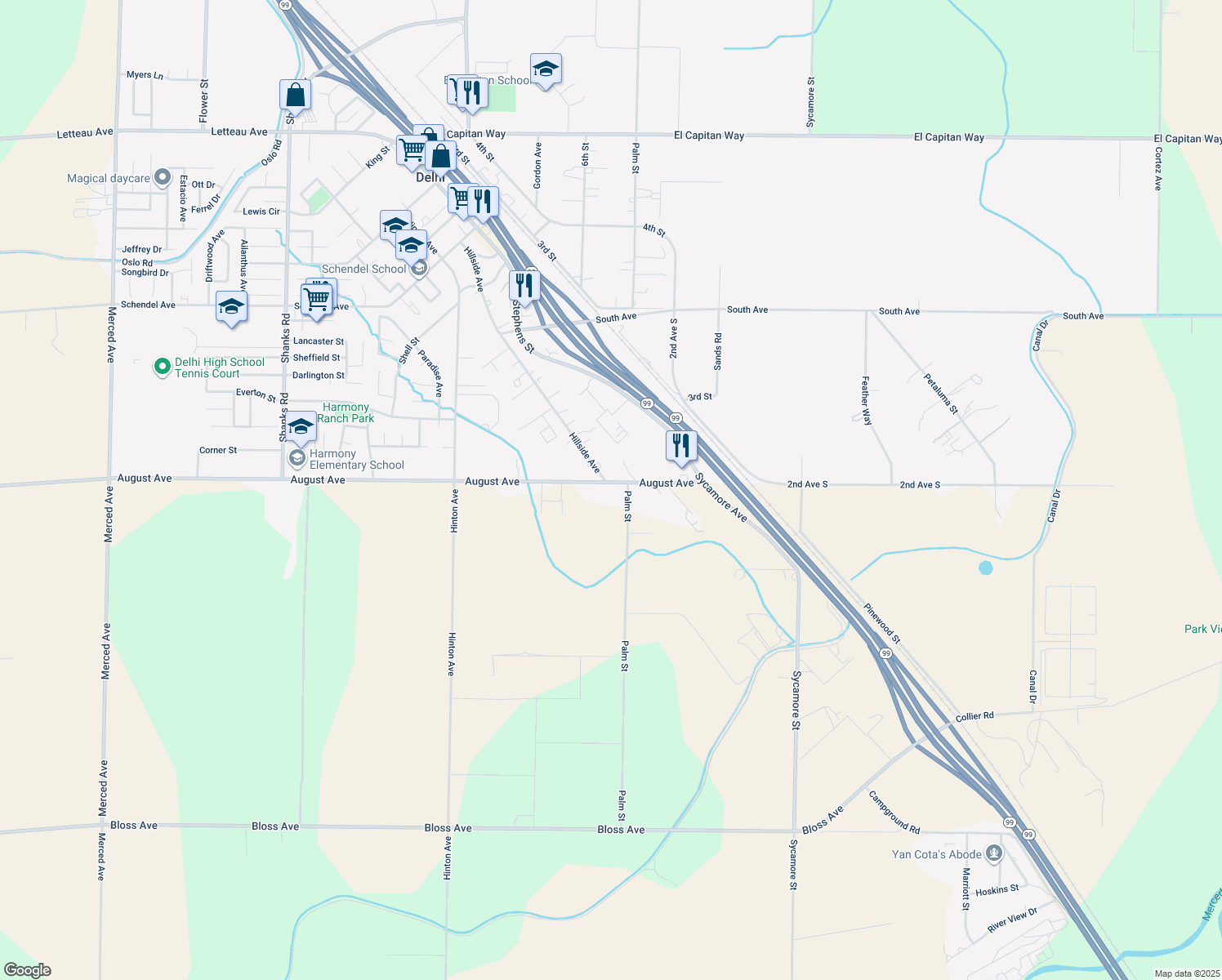 map of restaurants, bars, coffee shops, grocery stores, and more near 15545 August Avenue in Delhi