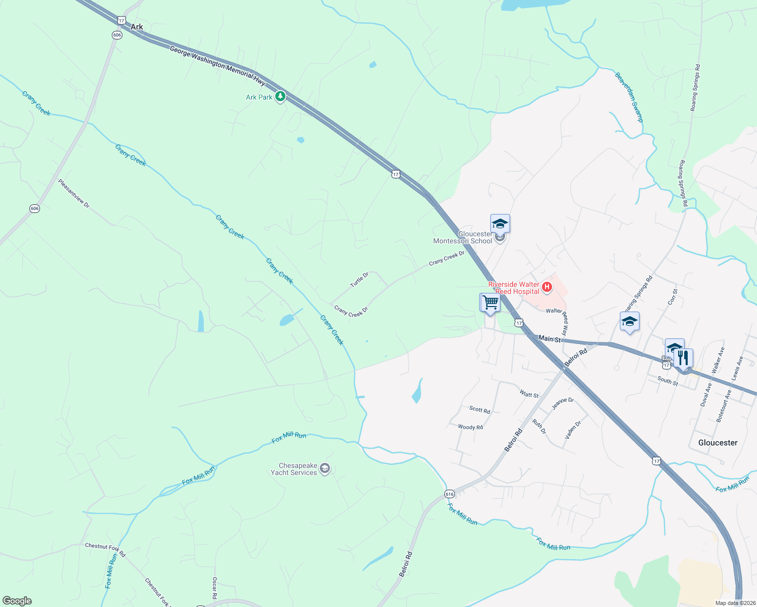 map of restaurants, bars, coffee shops, grocery stores, and more near 5726 Crany Creek Drive in Gloucester Courthouse