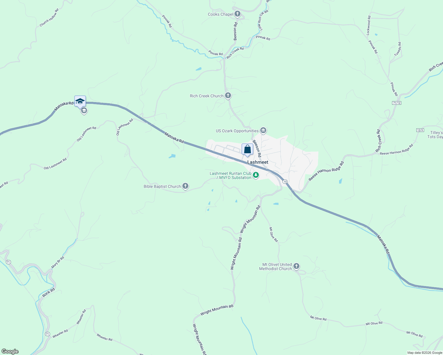 map of restaurants, bars, coffee shops, grocery stores, and more near 590 Old Lashmeet Road in Rock