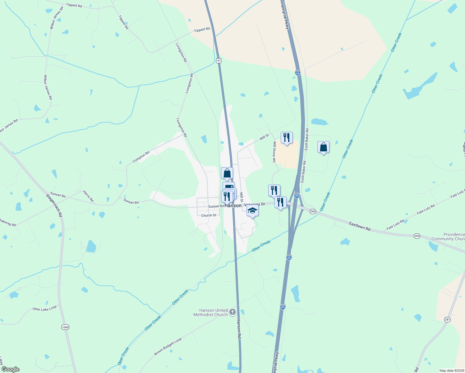 map of restaurants, bars, coffee shops, grocery stores, and more near 7410 Hanson Rd in Hanson