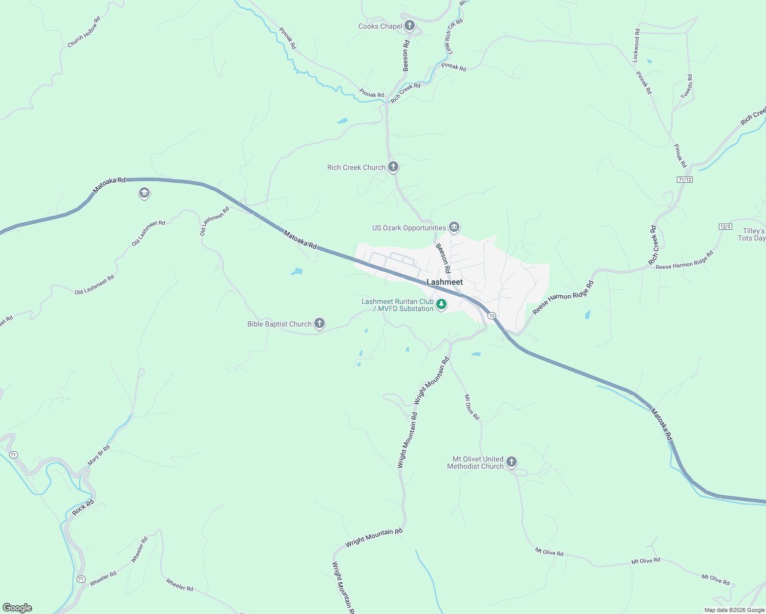 map of restaurants, bars, coffee shops, grocery stores, and more near 590-646 Old Lashmeet Road in Rock