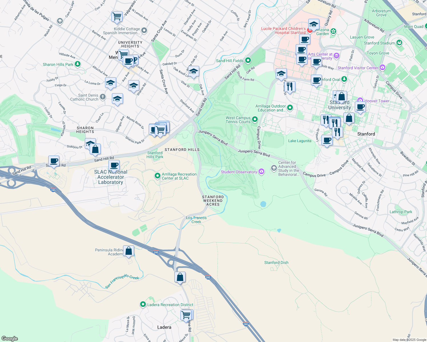 map of restaurants, bars, coffee shops, grocery stores, and more near 25 Stowe Lane in Menlo Park