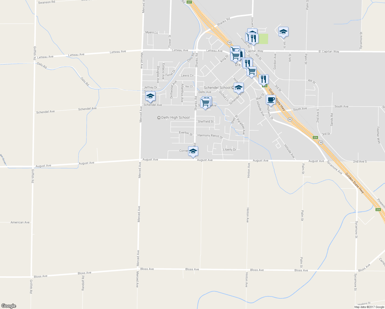map of restaurants, bars, coffee shops, grocery stores, and more near 9047 Shanks Road in Delhi