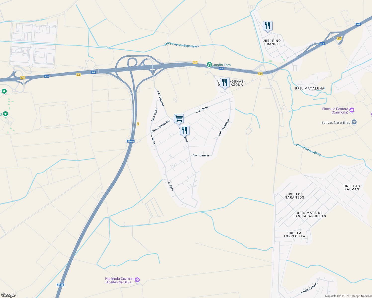 map of restaurants, bars, coffee shops, grocery stores, and more near 128 Camino Triana in La Rinconada