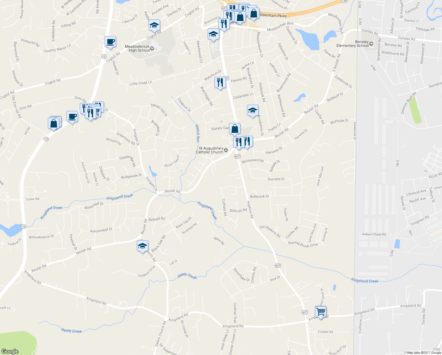 map of restaurants, bars, coffee shops, grocery stores, and more near 4437 Beulah Road in Richmond