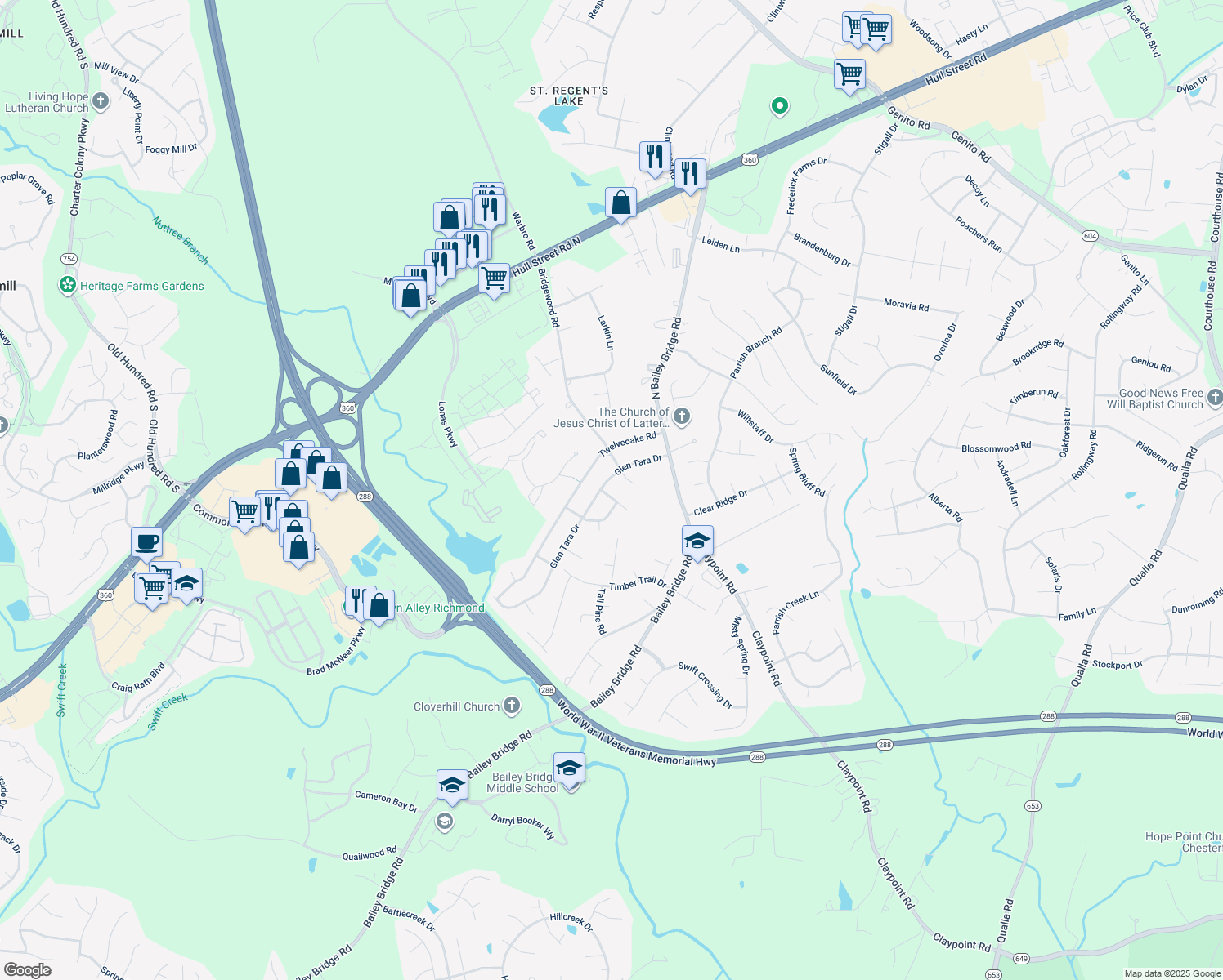 map of restaurants, bars, coffee shops, grocery stores, and more near 12030 Ashley Wilkes Lane in Midlothian
