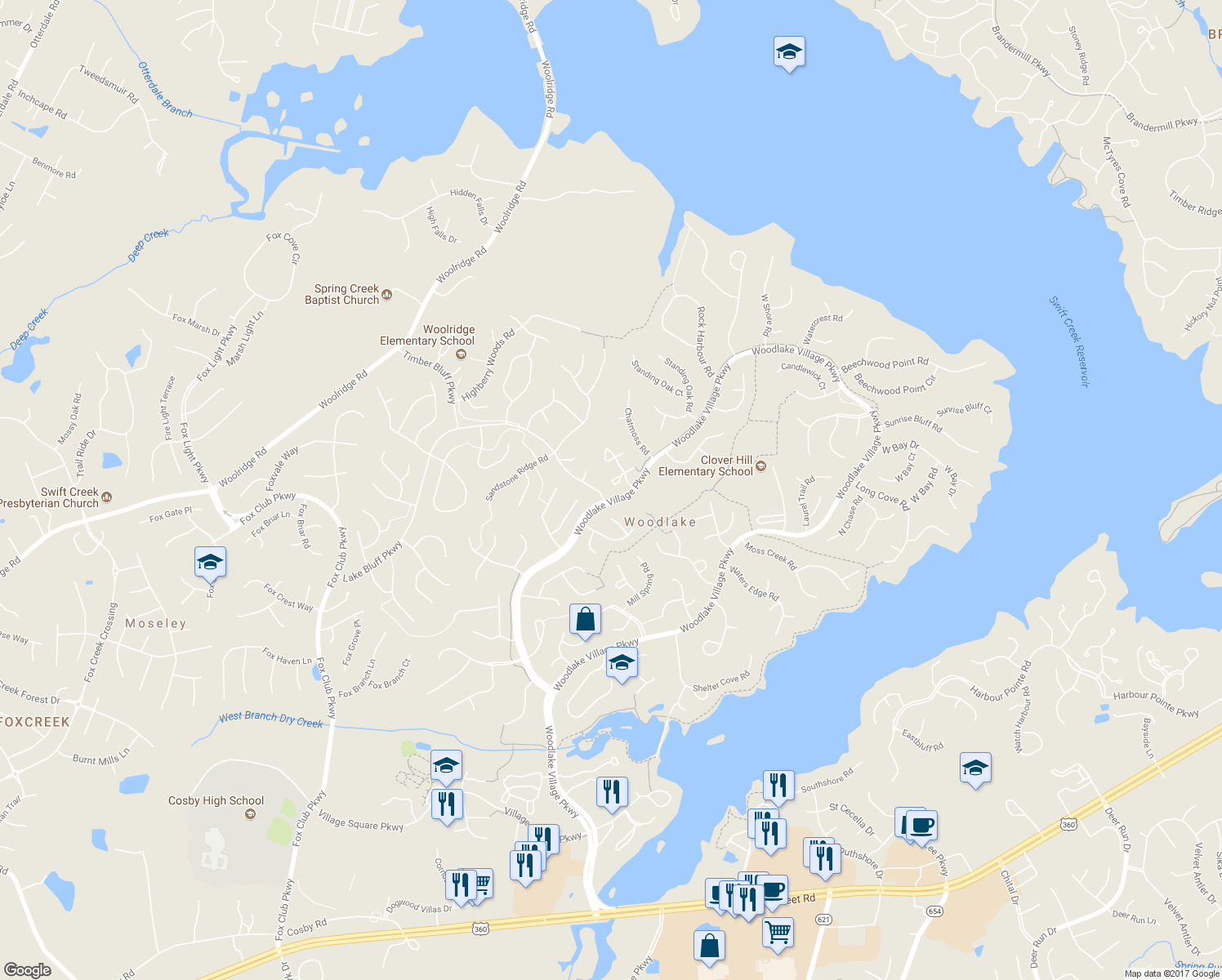 map of restaurants, bars, coffee shops, grocery stores, and more near 14717 Beacon Hill Court in Midlothian