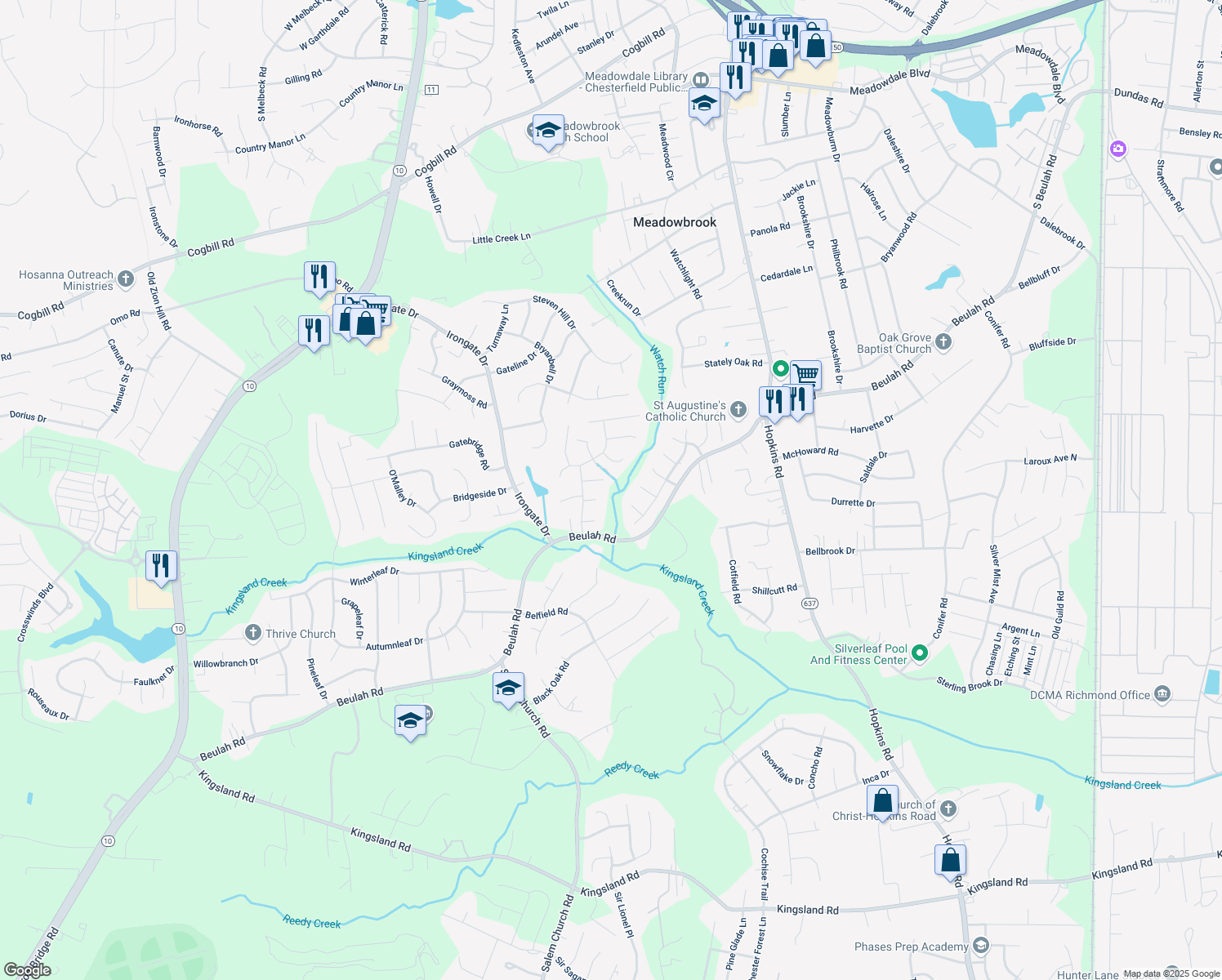 map of restaurants, bars, coffee shops, grocery stores, and more near 4703 Mason Rest Court in Richmond