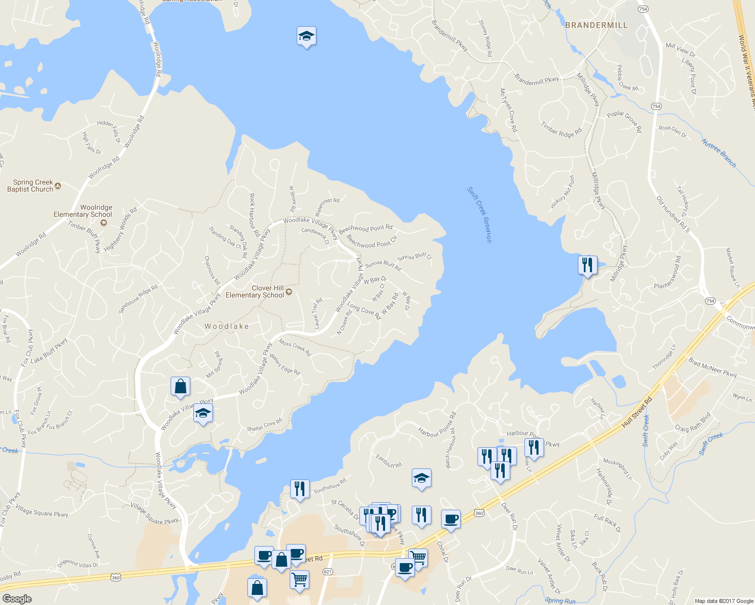 map of restaurants, bars, coffee shops, grocery stores, and more near 5509 West Bay Court in Midlothian