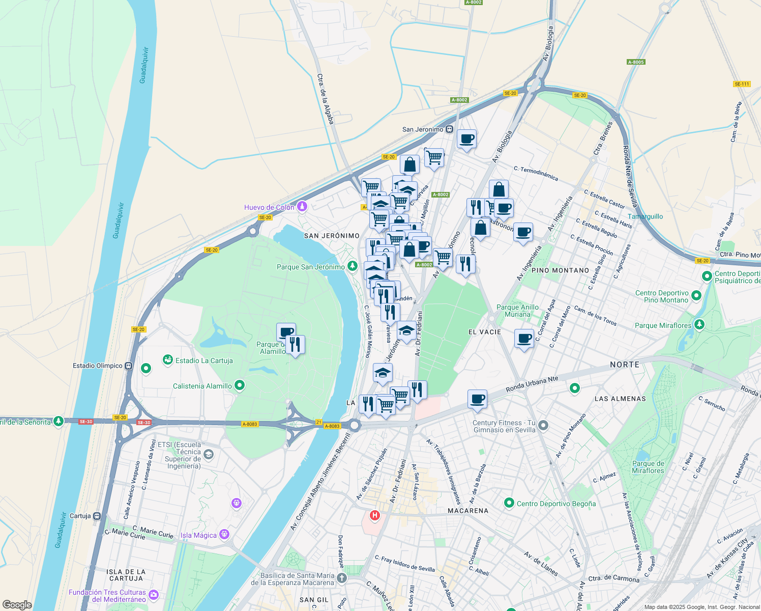 map of restaurants, bars, coffee shops, grocery stores, and more near Calle Factores in Sevilla