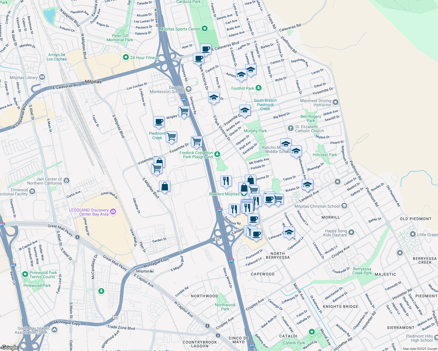 map of restaurants, bars, coffee shops, grocery stores, and more near 955 Big Bear Court in Milpitas