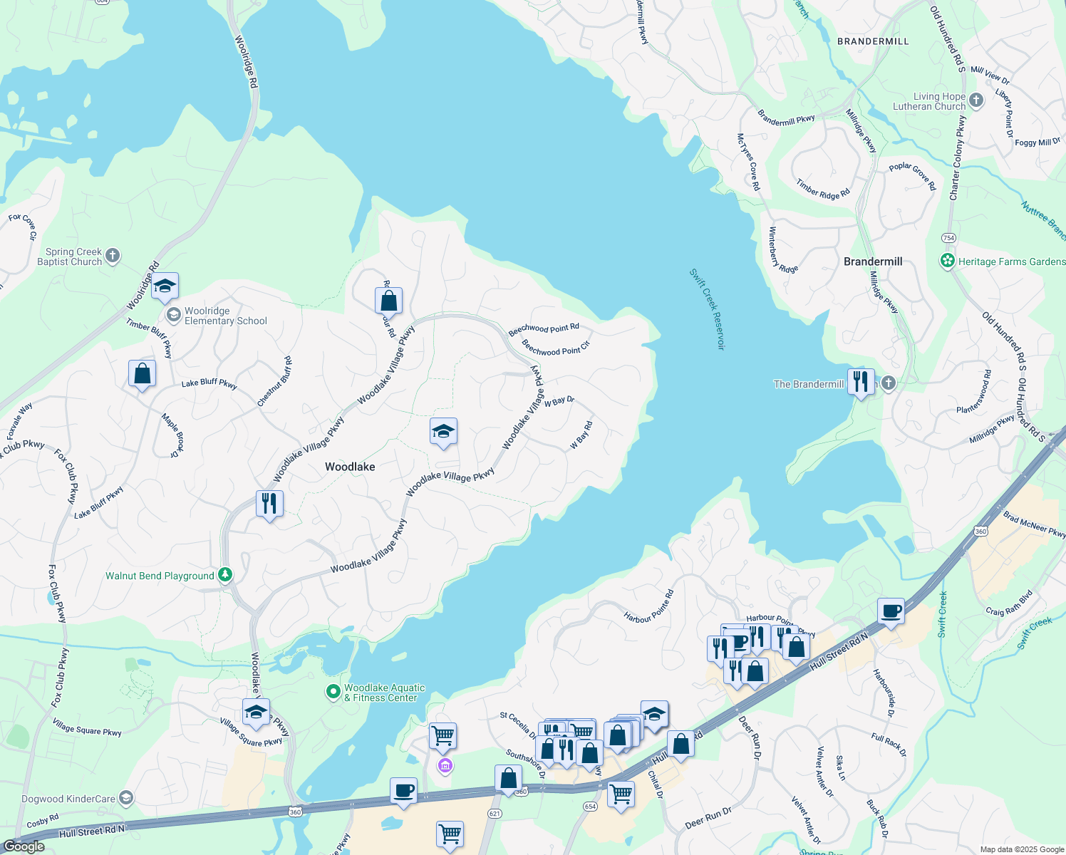 map of restaurants, bars, coffee shops, grocery stores, and more near 5519 West Bay Court in Midlothian