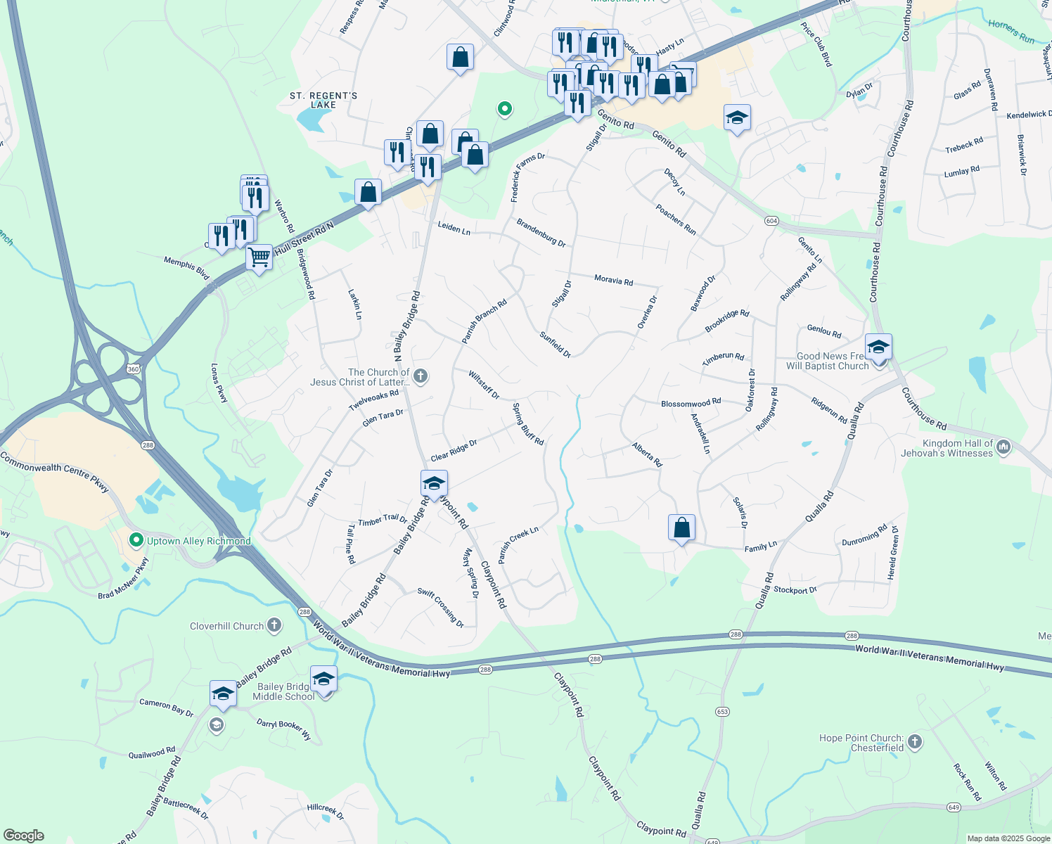map of restaurants, bars, coffee shops, grocery stores, and more near 5101 Spring Bluff Road in Midlothian