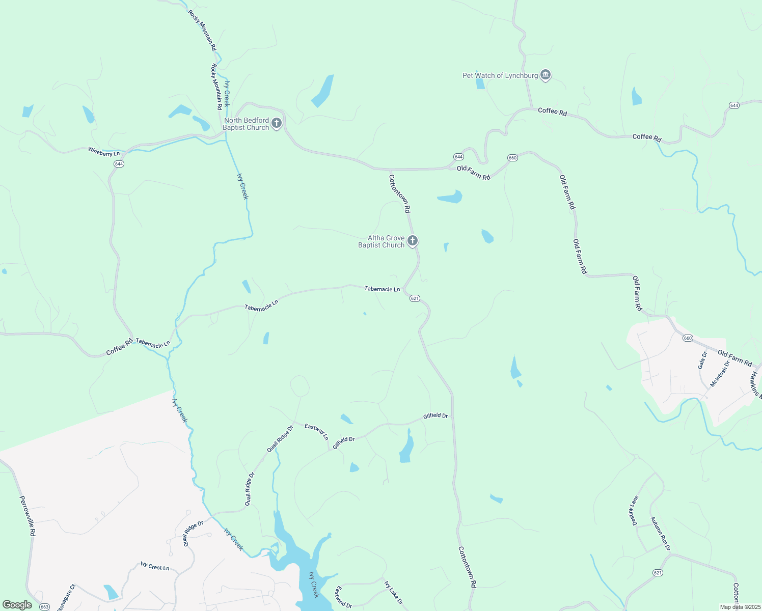 map of restaurants, bars, coffee shops, grocery stores, and more near 1138 Tabernacle Lane in Forest
